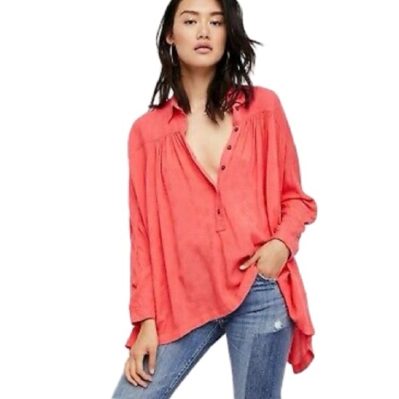 Free People Lovely Day Button Down Flowy Tunic | Red/Pink | Size Small - Picture 1 of 10